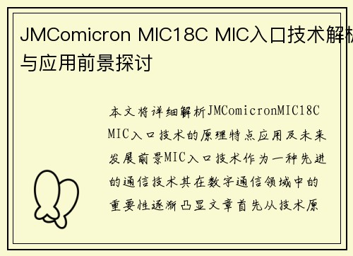 JMComicron MIC18C MIC入口技术解析与应用前景探讨