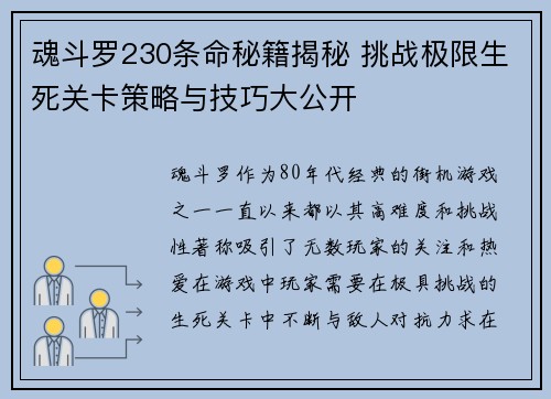 魂斗罗230条命秘籍揭秘 挑战极限生死关卡策略与技巧大公开